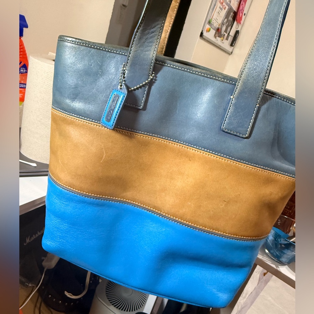 Coach Leather Colorblock Tote Bag in Blue, Tan & Gray